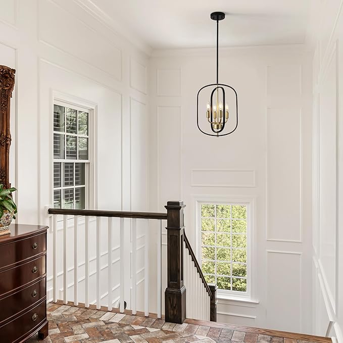 Modern Black and Gold Chandelier for Entryway, 4-Light Small Geometric Dining Room Light Fixture Over Table,Industrial Metal Hanging Pendant Lights for Kitchen Island, Staircase,Foyer