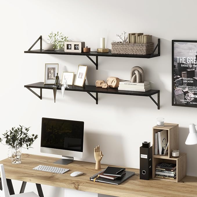 Floating Shelves 48 Inch Long, 10" Deep Floating Shelves, Black Wall Shelves 48 x 10, Set of 2, Wide Large Display Storage Shelves for Bathroom, Living Room, Rustic Wood Shelves with Brackets