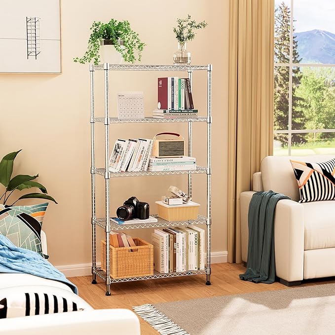 MZG 1750 lbs 5 Tier Storage Rack Metal Wire Shelving Unit, Storage Standing Household Shelf Organizer for Kitchen Pantry Closet Garage Basement Utility Room, Chrome 15.8" D x 45.3" W x 70.4" H