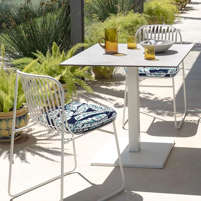 Set of 4 Outdoor Chair Cushions with Ties,Water Repellent Patio Chair Pads 17"x 16" for Outdoor Furniture,Round Corner Seat Cushions for Garden Yard Kitchen Baltic Palms White