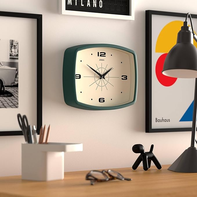 JONES CLOCKS® Movie Wall Clock | Rectangular Retro Clock | 10 inch | Dark Green | Cool mid-Century Designer Look for Kitchen, Living Room or Office