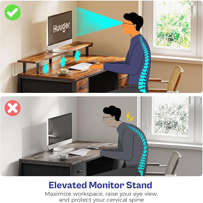 Huuger 47 inch Computer Desk with 4 Drawers, Gaming Desk with LED Lights & Power Outlets, Home Office Desk with Large Storage Space for Bedroom, Work from Home, Rustic Brown