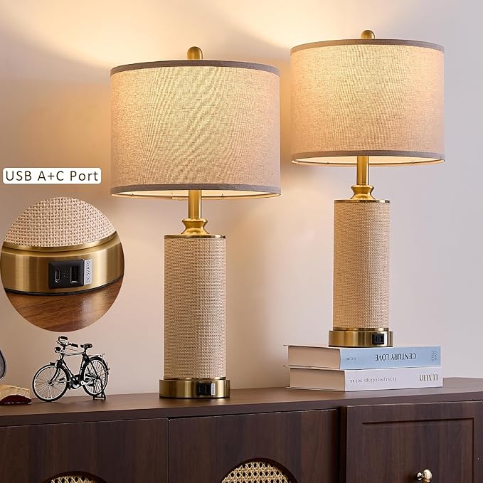 Gold Farmhouse Rattan Table Lamps Set of 2, Touch Control Desk Lamps, 3 Way Dimmable Grass Rope Large BedsideTable Lamp with USB A+C for Living Room/Bedroom/Office(2 LED Bulbs Included)