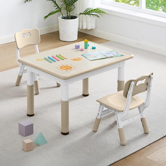 Adjustable Kids Table Chairs Set – Graffiti Desktop, Multi-Activity Height-Adjustable Toddler Study Desk for Ages 3-8 – Ideal for Home, Classroom, Daycare (W-Wood, 2 Chairs-31.5" L x 23.6" W)
