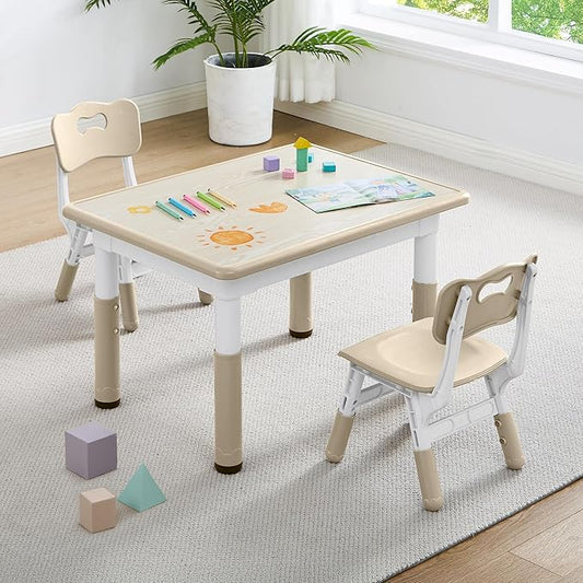 Adjustable Kids Table Chairs Set – Graffiti Desktop, Multi-Activity Height-Adjustable Toddler Study Desk for Ages 3-8 – Ideal for Home, Classroom, Daycare (W-Wood, 2 Chairs-31.5" L x 23.6" W)