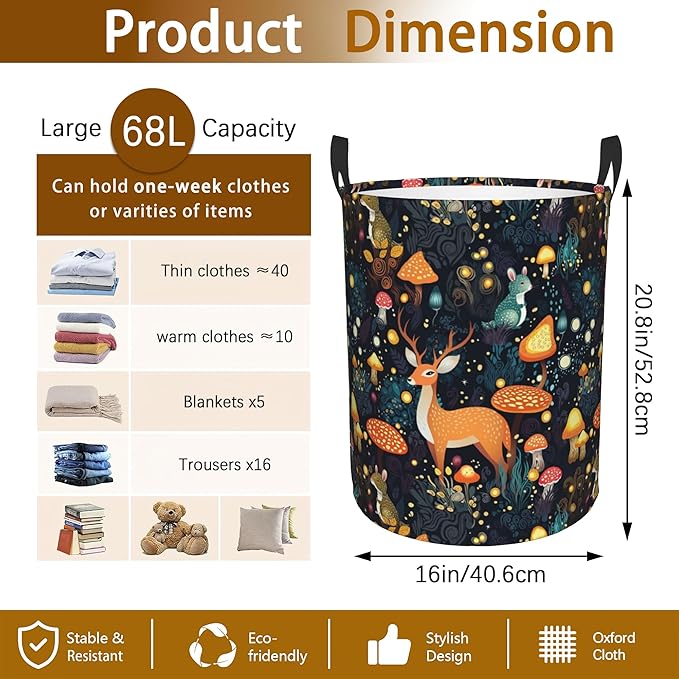 Laundry Hamper, Forest with Mushrooms Deer Laundry Basket,Waterproof Foldable Storage Bin for Bedroom,Clothes Organizer Basket,Toys Box 16x20 Inch