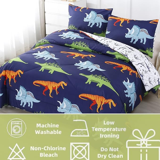 RYNGHIPY Cartoon Dinosaur Comforter Set, Dark Blue Dinosaur Kids Bedding Set for Boys, Dinosaurs Print Comforter Sets for Kids/Toddlers/Teens (Dinosaur,Queen)
