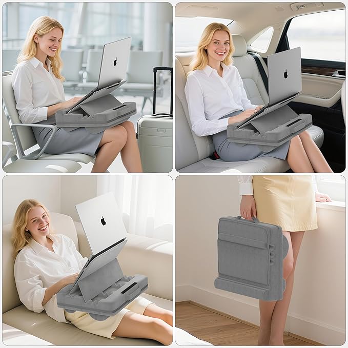 Laptop Lap Desk with Cushion, Adjustable Lap Desk Pillow with Storage, Portable Lap Table for Adults Student, Laptop Stand for Bed Office College Dorm Home Room Couch, Fits Up to 14.9" PC Tablet, Gray
