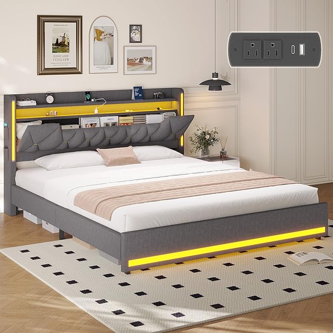 California King Bed Frame, Platform Bed Frame with Storage Headboard and LED Lights, Upholstered Headboard & Charging Station,Metal Support,No Box Spring Needed, Noise-Free, Easy Assembly, Gray