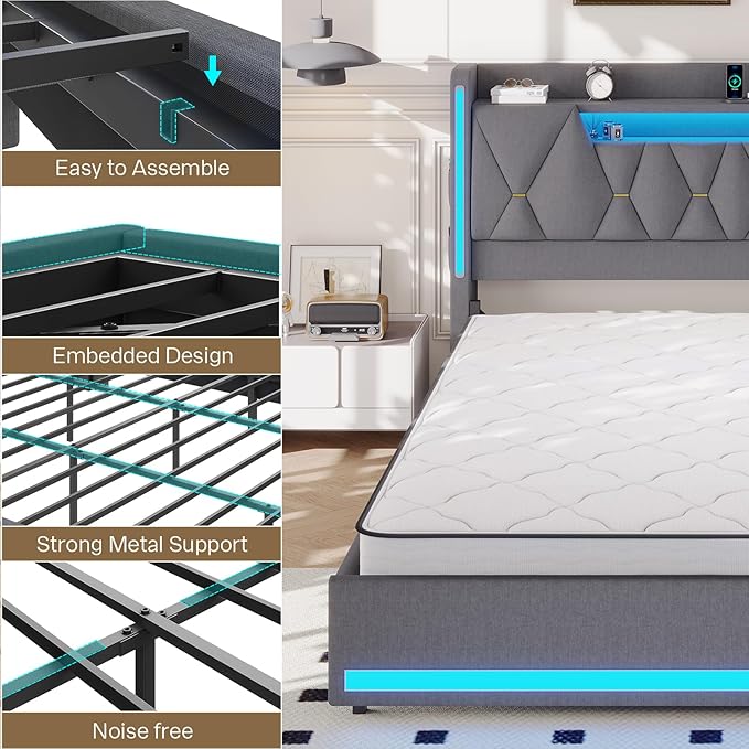 King Bed Frame, King Size Bed Frame with Storage Headboard and LED Lights, Charging Station, Metal Support, Noise-Free, Easy Assembly,Gray