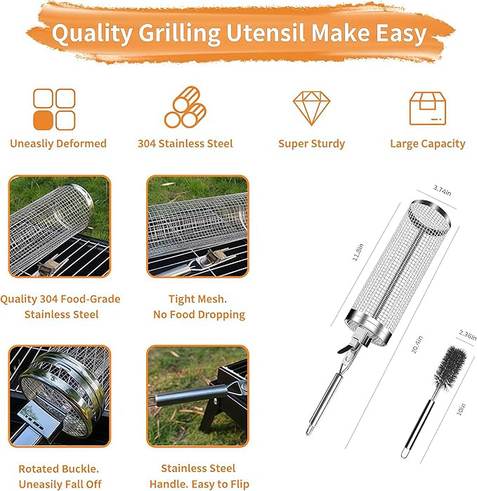 Rolling Grill Baskets (2PCS), 304 Stainless Steel, Silver, Round, Perfect for Veggies, Shrimp, Meats, Father's Day Gift