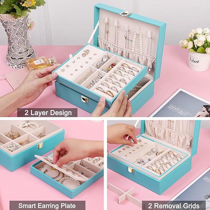 Voova Jewelry Box Organizer for Women Girls, 2 Layer Large Men Jewelry Storage Case, PU Leather Display Jewellery Holder with Removable Tray for Necklace Earrings Rings Bracelets, Gift, Teal/Lake Blue