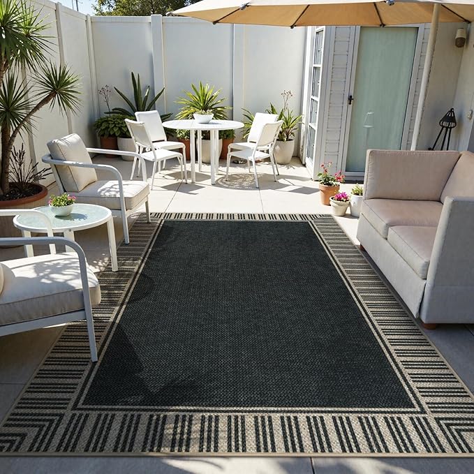 OJIA Easy Jute Outdoor Rug 8x10, Large Patio Rug Washable Area Rugs for Living Room Farmhouse Indoor Outdoor Carpet Striped Border Modern Non-Slip Black Rug for Bedroom Backyard Office Decor