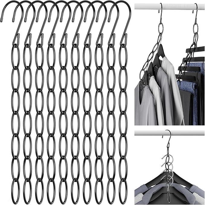 NiHome Clothing Chain Hangers 10-Pack for Home, Office & Travel, Metal Closet Organizer Space Saving Hangers with Safety Cap for All Garment Types, Wrinkle-Reducing 7-Loop Retractable Design (Black)