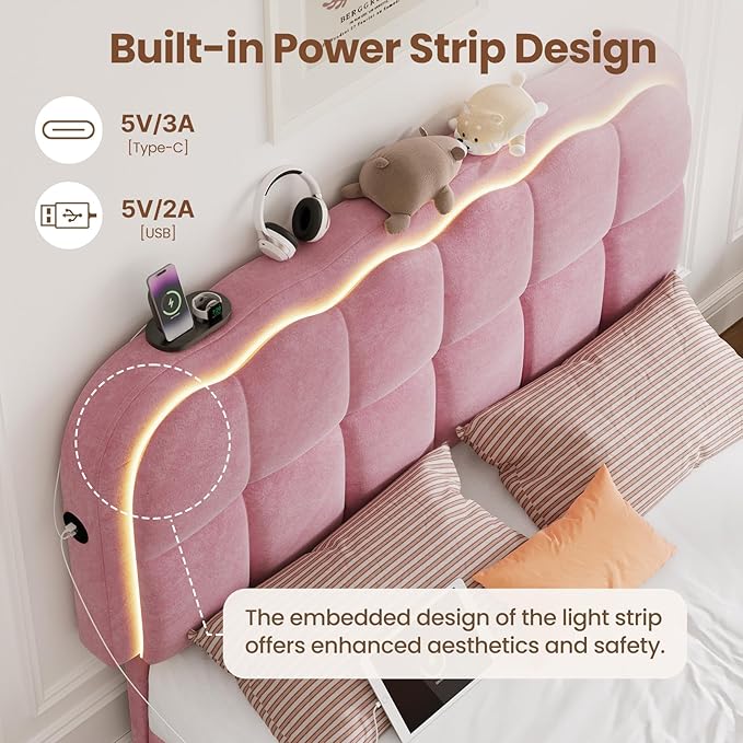 Full Size Bed Frame with 4 Storage Drawers and LED, Adjustable Clouds Headborad, Velvet Upholstered Platform Full Bed Frame with Charing Station, Wood Slats Support, No Box Spring Needed,Pink