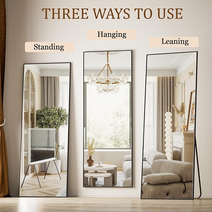 Koonmi 68"x22" Floor Mirror Full Length, Bedroom Floor Body Mirror with Stand, Black Mirror, Leaning, Standing or Hanging Horizontally/Vertically