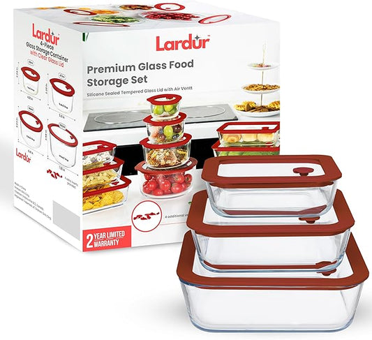 Glass Food Storage Containers with Glass Lids 3 Pack - Square Meal Prep Food Container Set with Airtight Lids - Microwave & Dishwasher Safe, 100% Plastic Free, Vented, Gift Packaged, Red Color