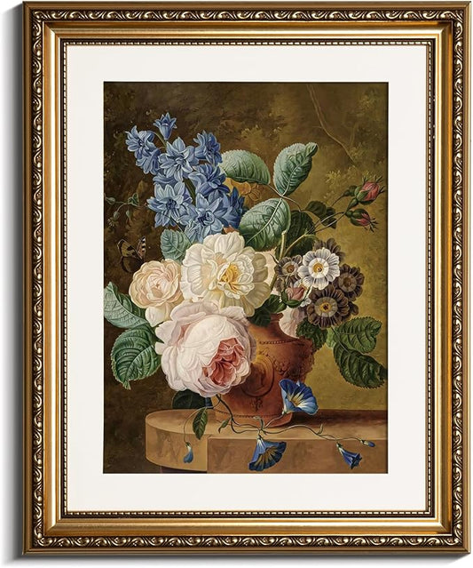 VIYYIEA Gold Framed Wall Art Canvas Print Home Decor Vintage Floral Wall Decor Flower Bathroom Art Decor Aesthetic Room Decor Oil Painting Retro Plants Still Life Wall Pictures Bedroom Gifts 13x16in