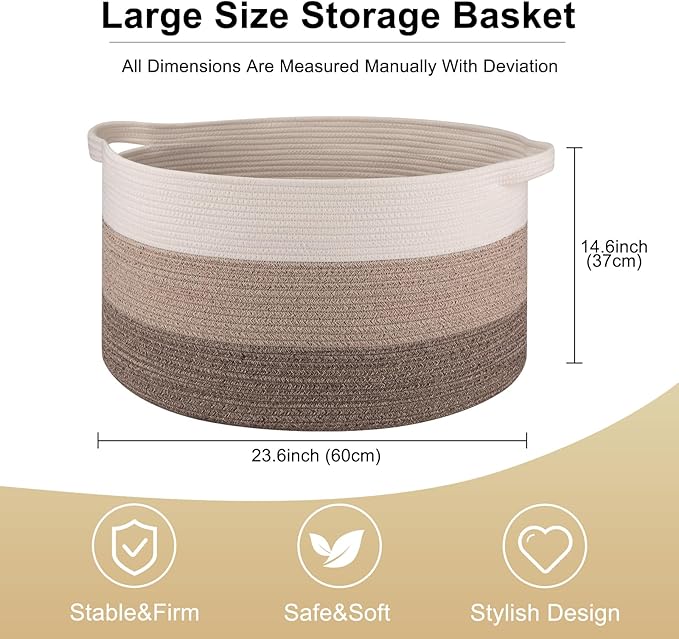 OIAHOMY Extra Large Storage Basket, 24" x 15" Woven Blanket Storage for Living Room, Round Laundry Basket for Pillow - Gradient Brown