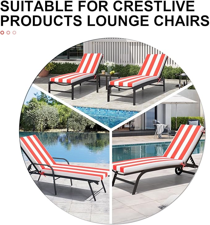Crestlive Products Chaise Lounge Cushions Set of 2, Outdoor Cushions for Patio Furniture, Water Resistant Lounge Chair Cushion for Pool, Deck, Lawn, 72''L x 21''W, Red White Stripe