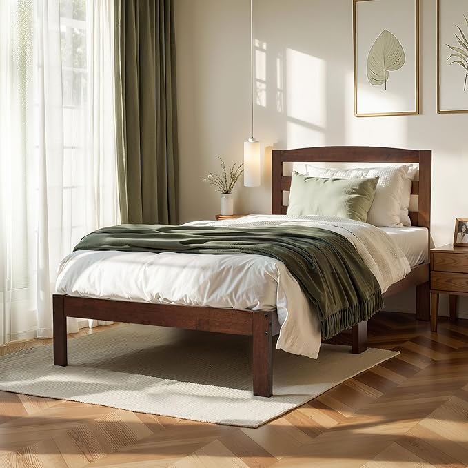 Hokway Wood Twin Bed Frames with Headboard-No Wobble,Noise-Free,Easy Assembly with Precise Holes,12 in Reinforced Center Legs,No Box Spring Needed,Walnut