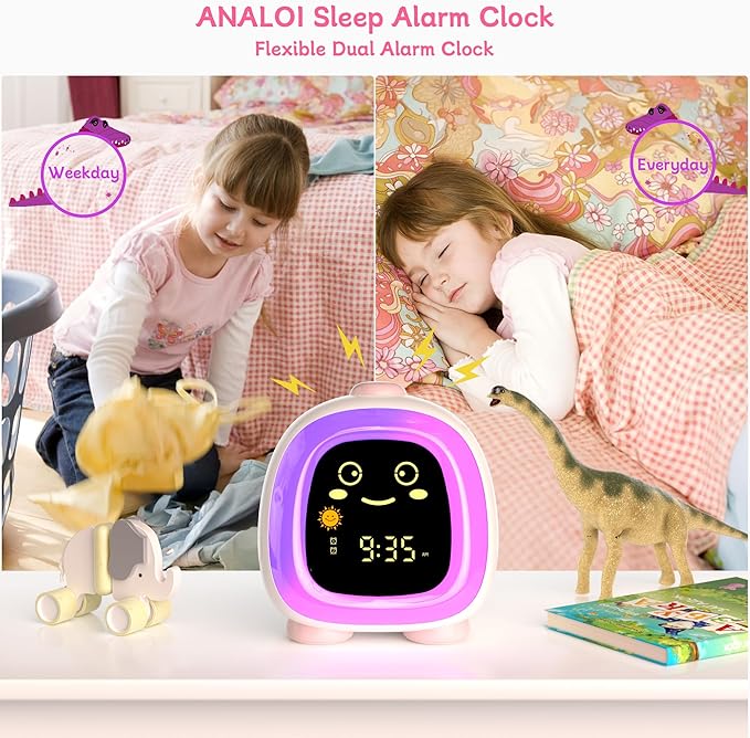 Cute Kids Clock, Night Light for Kids with Snooze Mode Sleep Timer Dual Alarm Sleep Training 3 Brightness 10 Color Night Light Adjustable Volume Memory Battery, Ok to Wake Clock for Kids