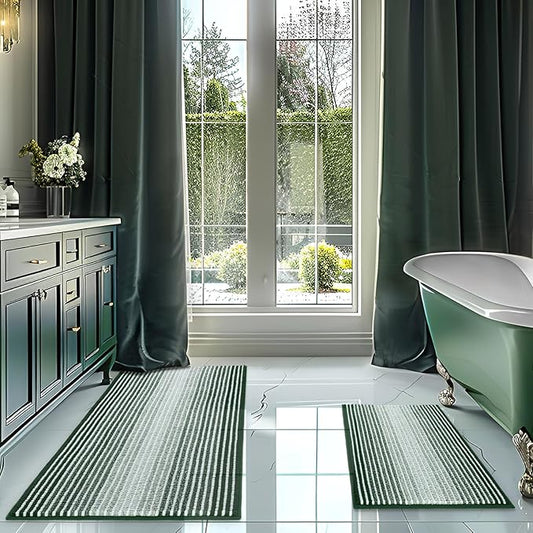 Bathroom Rugs and Mats Sets, 2 Piece Thick Absorbent Chenille Bath Mat Rug Set Non Slip, Soft Shaggy Bath Room Floor Mats for Bathroom, Machine Washable (Hunter Green, 20" x 60" Plus 20" x 32")