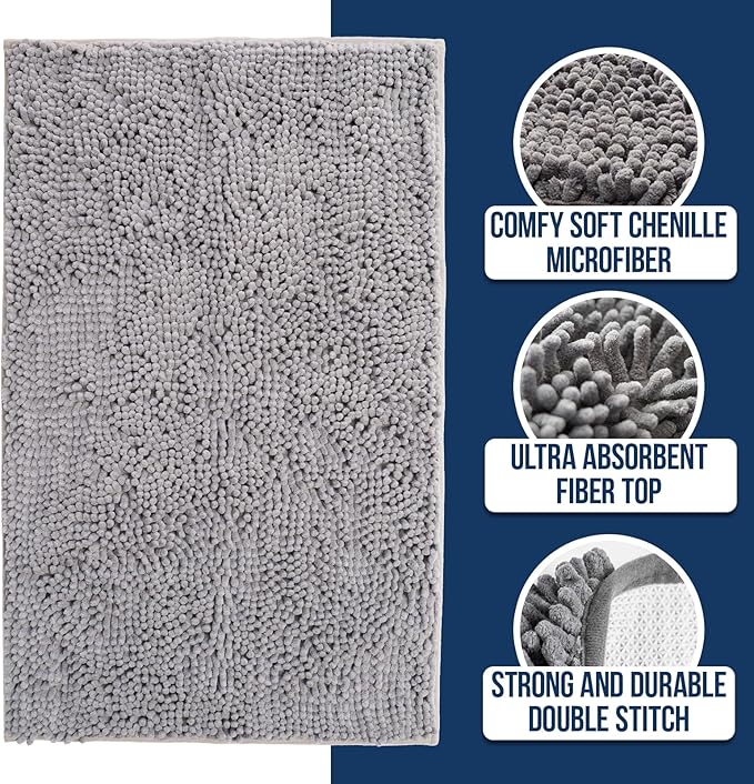 Muddy Mat Chenille Bathroom Rugs Quick Dry Microfiber Mats Non Slip Washable, Extra Thick, Soft and Highly Absorbent Bath Mats for Bathroom, Kitchen, and Shower Floor - Grey Runner 59"X24"