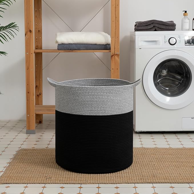 Laundry Basket, 100L Large Laundry Hamper, Tall Woven Rope Storage Basket for Blanket Toys Pillows Towels, Baby Nursery Hamper Bin for Living Room, Bedroom (Black & Grey)