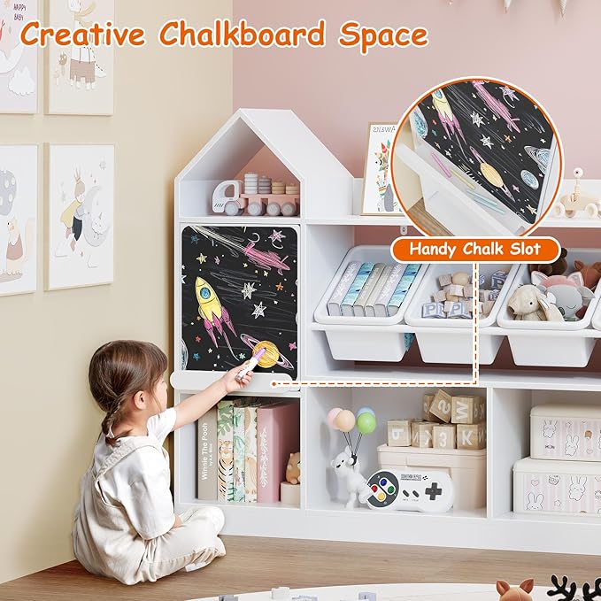 Vabches Castle Shape Children's Bookcase with Blackboard, Kids Bookshelf Display Case Kids Toy Storage Organizer Bookshelf Suitable for Playroom, Children's Room, Living Room, White