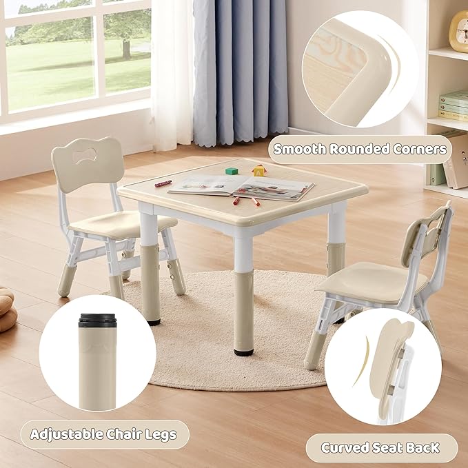 Adjustable Kids Table Chairs Set – Graffiti Desktop, Multi-Activity Height-Adjustable Toddler Study Desk for Ages 3-8 – Ideal for Home, Classroom, Daycare (W-Wood, 2 Chairs-23.6" L x 23.6" W)