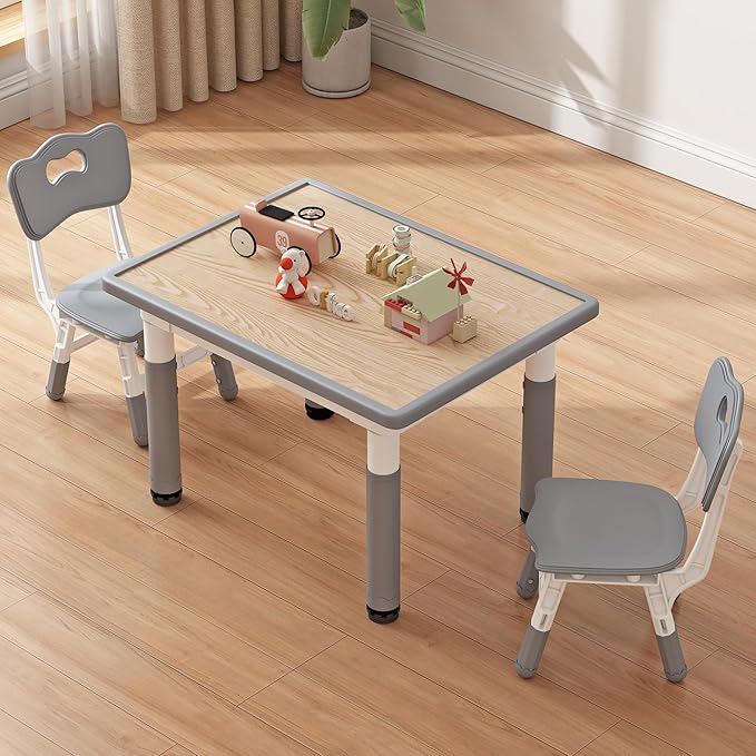 Toddler Table and 2 Chairs, Kids Table and Chair Set Height Adjustable, 31.5''L x 23.6''W Multifunctional Graffiti Desktop for Reading, Drawing, Eating, for Girls & Boys Age 2-10, Grey-02