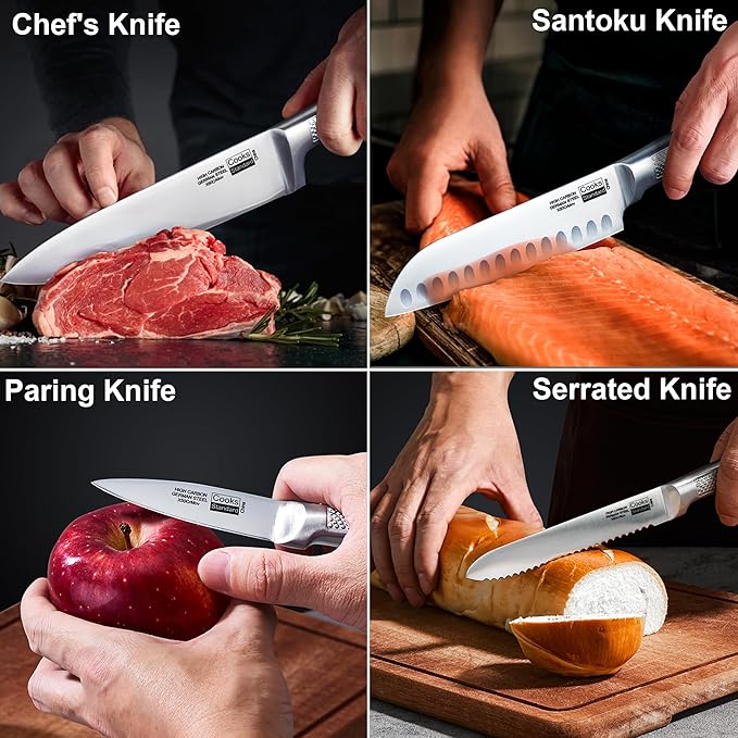 Cooks Standard Kitchen Knife Set with Block 6-Piece, Stainless Steel Forge High Carbon German Blade with Expandable Bamboo Storage Block for Extra Slots, Silver