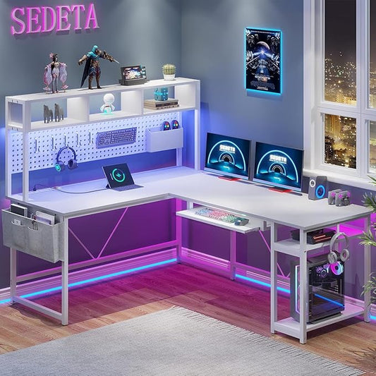 SEDETA White L Shaped Gaming Desk, Reversible Corner With Power Outlet and Pegboard, Hutch, Storage Shelf, Keyboard Tray, and LED Lights for Home Office