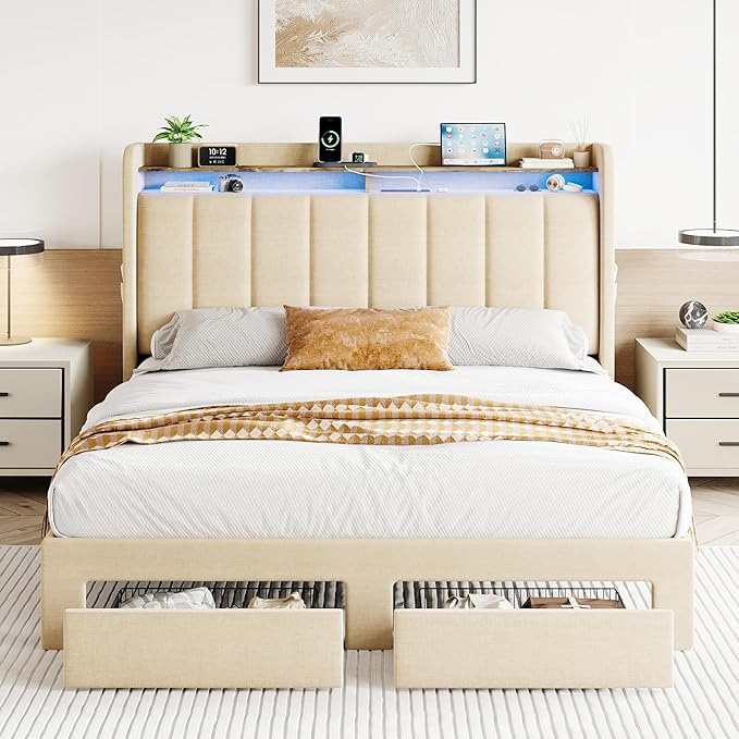 SHA CERLIN Full Size Platform Bed Frame with Vertical Channel Tufted Wingback Headboard & 2 Storage Drawers/2-Tier Shelves with LED Lights & Charging Station/Noise-Free/No Box Spring Needed/Beige