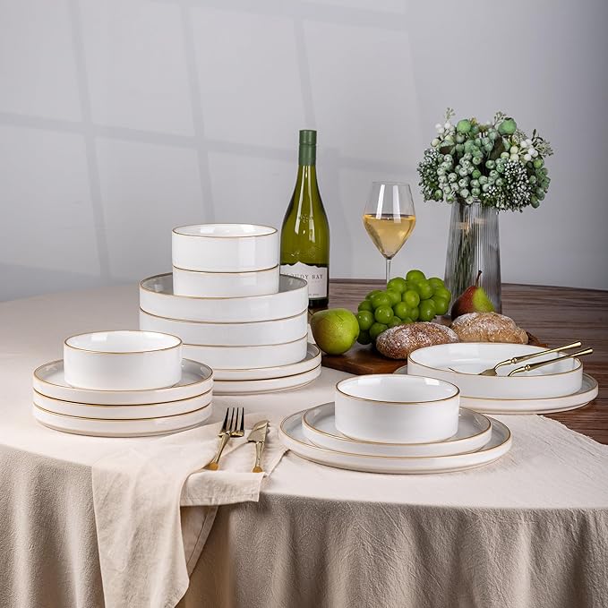 GBHOME Ceramic Dinnerware Sets With Double Bowl for 4, 16 Pieces Stoneware Plates and Bowls Set, Reactive Glaze Dishes -Scratch Resistant, Dishwasher&Microwave Safe-Pearl White
