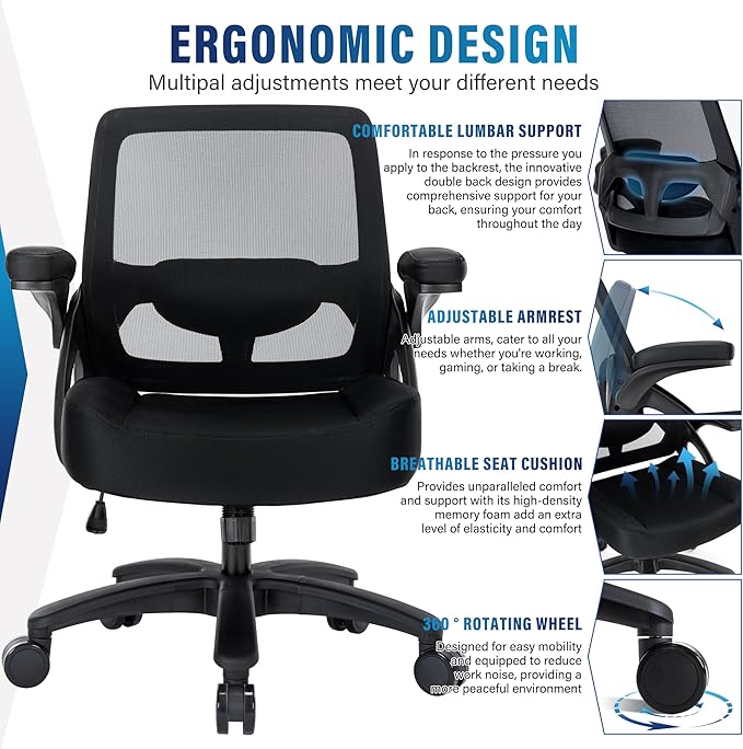 Big and Tall Office Chair 400lbs-Ergonomic Mesh Desk Chair with Flip up Arms, Heavy Duty Home Office Computer Chair, Wide Seat Office Chairs, Executive Rolling Swivel Task Chairs for Large People