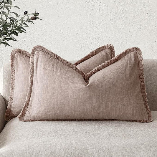 Foindtower Set of 2 Decorative Linen Fringe Lumbar Throw Pillow Covers Farmhouse Cushion Cover with Tassels Soft Accent Pillowcase for Couch Sofa Bed Living Room Home Decor,12×20 Inch,Dusty Pink