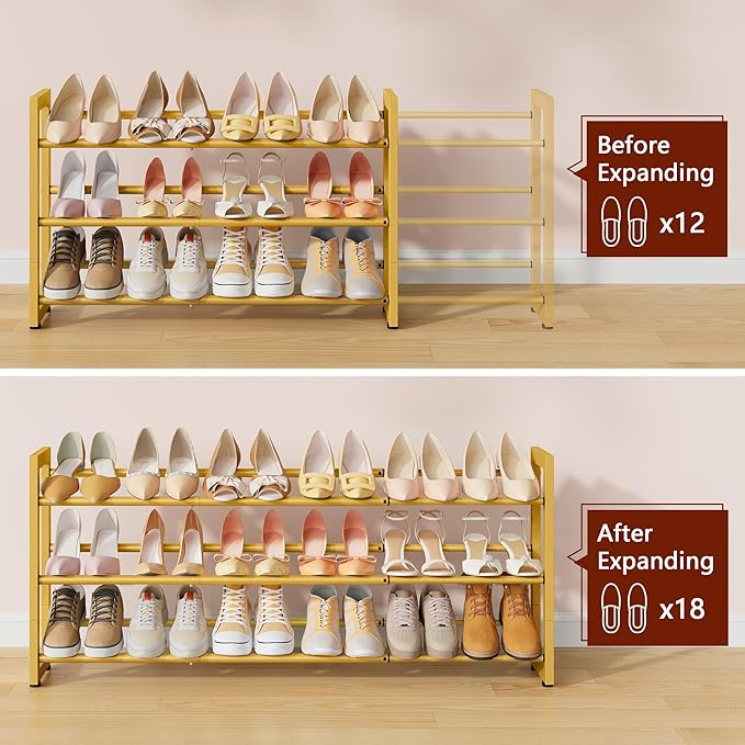 FAVOOSTY 3-Tier Expandable Shoe Rack, Adjustable Shoe Shelf Storage Organizer Space Saving Metal Free Standing Shoe Rack for Entryway Closet Doorway, Gold