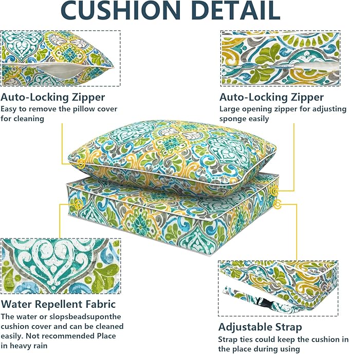 Outdoor Deep Seat Cushions Set 24 x 24 Inch for Patio Furniture,Water Resistant Chair Cushions Replacement Includes Seat Cushion & Back Pillow for Couch Sofa, Wicker Chair - Damask Green