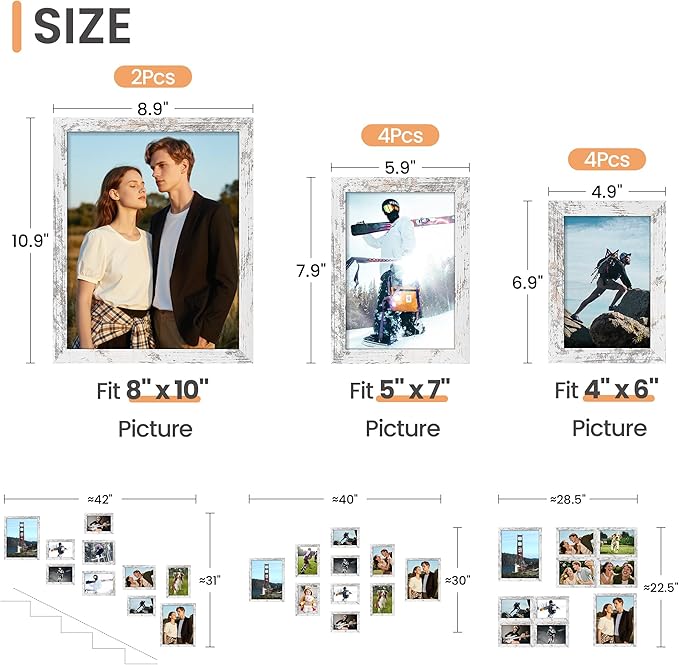 upsimples 10 Pack Picture Frames Collage Wall Decor for Mounting or Tabletop Display, Photo Gallery Frame Set for Family, Multi Sizes Including 8x10, 5x7, 4x6, Rustic White