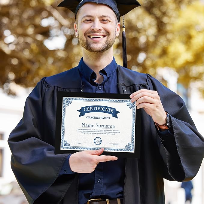 8.5x11 Picture Frame Set of 4, Black Certificate Frame with Real Glass, Photo Frames 8.5 by 11 Diploma Document for Wall Hanging and Tabletop Display