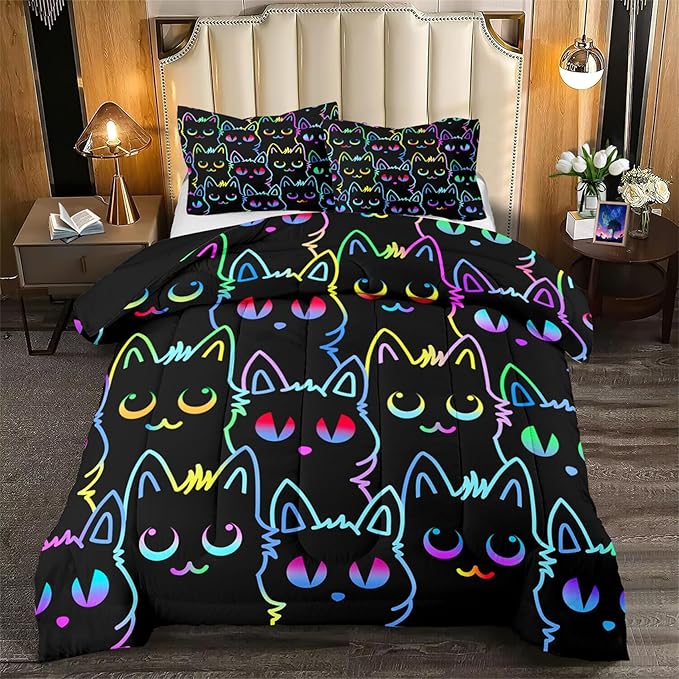 Cats Full Size Comforter Set for Girls - Cartoon Cats Bedding Set for Girls Room Lovely Cats Pattern Girls Bedding Set Soft Breathable Cats Comforter with 2 Pillowcases for All-Season