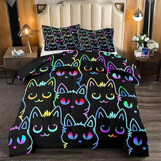 Cat Comforter Set for Girls Room-Colorful Cartoon Cats Bedding Bedroom Room Decor Ultra Soft All-Season with 1 and 2 Pillowcases,Queen Size