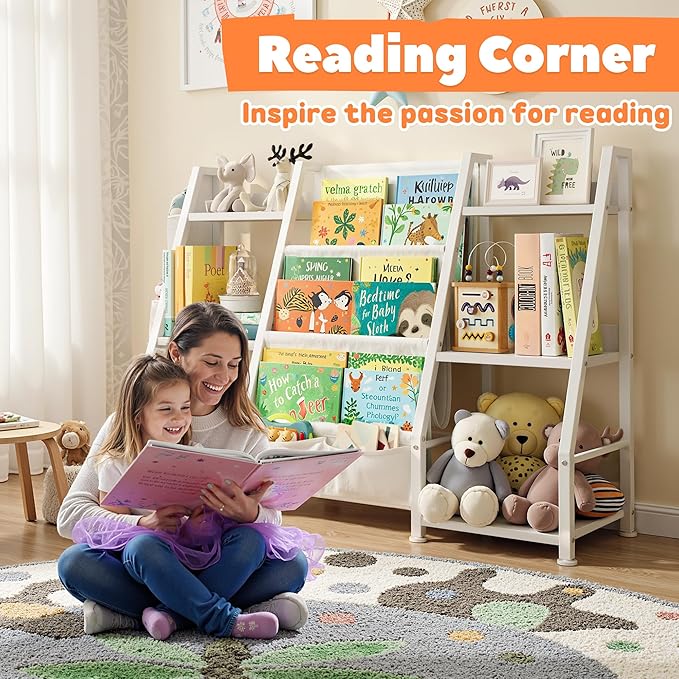 Kids Bookshelf Large Storage Bookcase: 3-Tier White Book Sling Shelf Toy Organizer for Toddler - Display Rack with 3 Pockets for Kids Rooms, Bedroom, Playroom, Nursery (Wood + Metal)