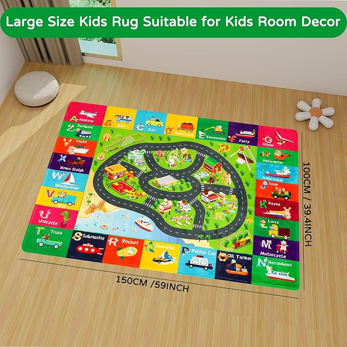 Kids Rugs Traffic Road Carpet Play Rug 59"×39.4" for Playroom Transportation ABC Educational Mat Alphabet Area Rug, Kids Playtime Collection Toddler Car Track Rug Cute Cartoon Animal Letters