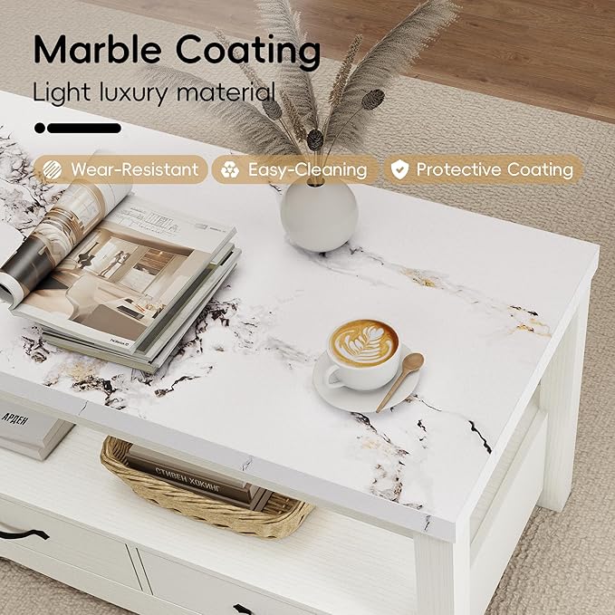 Coffee Table 40" Faux Marble 2-Tier Modern Wooden Rectangle Center Table with Drawers for Living Room, Conference Room, Thickened Top, Small Space Home Furniture (White Oak with Storage)