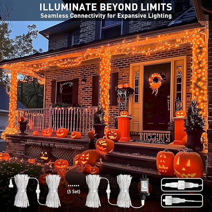 JMEXSUSS 150LED Orange Halloween Lights Indoor Outdoor, Connectable Christmas String Lights Indoor Plug in, 8 Modes Orange Lights for Halloween Fireplace Tree Bedroom Party Decor