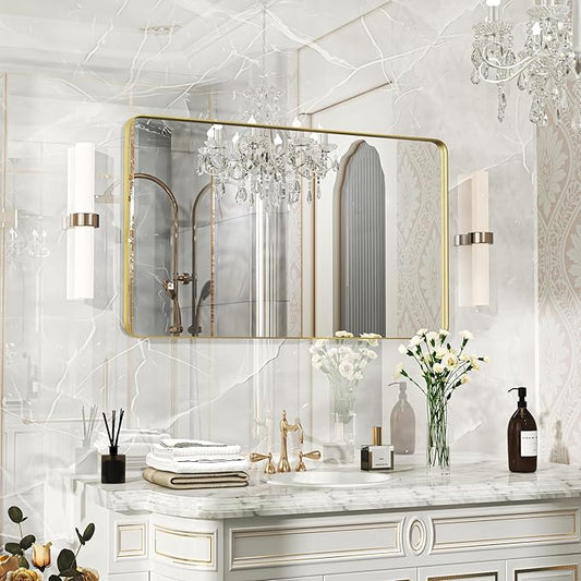 40×24 Gold Bathroom Mirror, Rectangular Bathroom Vanity Mirror for Wall with Rounded Corners & Aluminum Alloy Frame, Tempered-Glass, Modern, Farmhouse, Horizontal/Vertical, Entryway, Bedroom