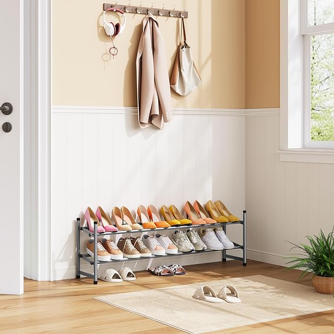 Tajsoon 2 Tier Expandable Shoe Rack for Closet, 28“-41“Adjustable & Stackable Shoe Shelf Storage, Metal Shoe Rack Organizer for Front Door Entrance, Closet, Garage, Entryway, Grey